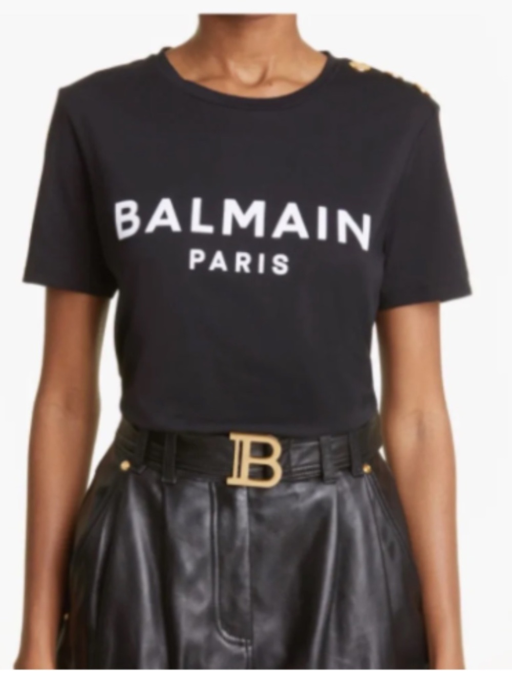 Balmain Paris Women's Black Button Shoulder Short Sleeve Logo T-Shirt Size L